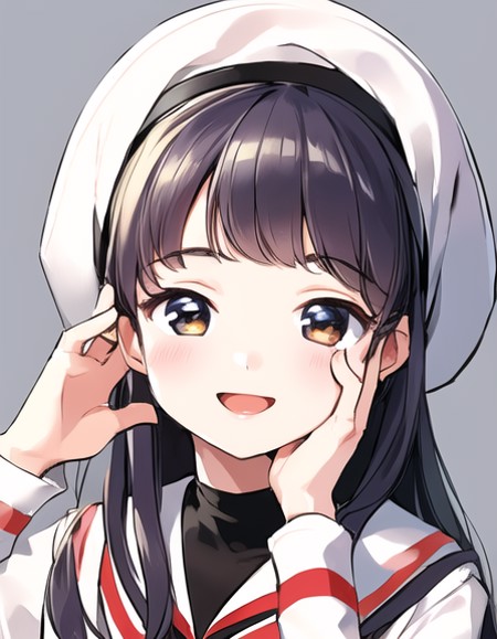 masterpiece,best quality,1girl,tomoyo:1.3,school uniform,detailed face,white headwear,smile,hand_on_own_cheek, hand_on_own...